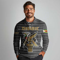 Zimbabwean Bird Statue Long Sleeve Polo Shirt Tribal Pattern with National Flag Patch and Heritage Symbol
