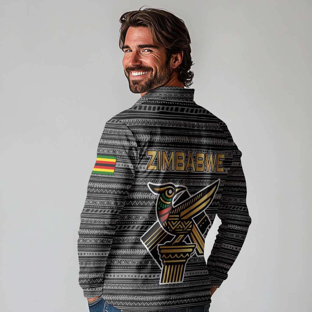 Zimbabwean Bird Statue Long Sleeve Polo Shirt Tribal Pattern with National Flag Patch and Heritage Symbol