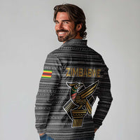 Zimbabwean Bird Statue Long Sleeve Polo Shirt Tribal Pattern with National Flag Patch and Heritage Symbol