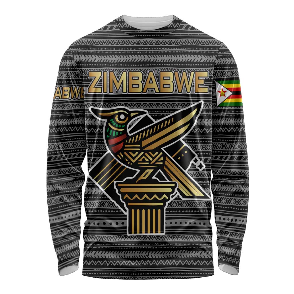 Zimbabwean Bird Statue Long Sleeve Shirt Tribal Pattern with National Flag Patch and Heritage Symbol