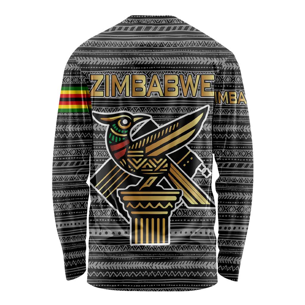 Zimbabwean Bird Statue Long Sleeve Shirt Tribal Pattern with National Flag Patch and Heritage Symbol