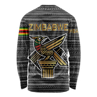 Zimbabwean Bird Statue Long Sleeve Shirt Tribal Pattern with National Flag Patch and Heritage Symbol