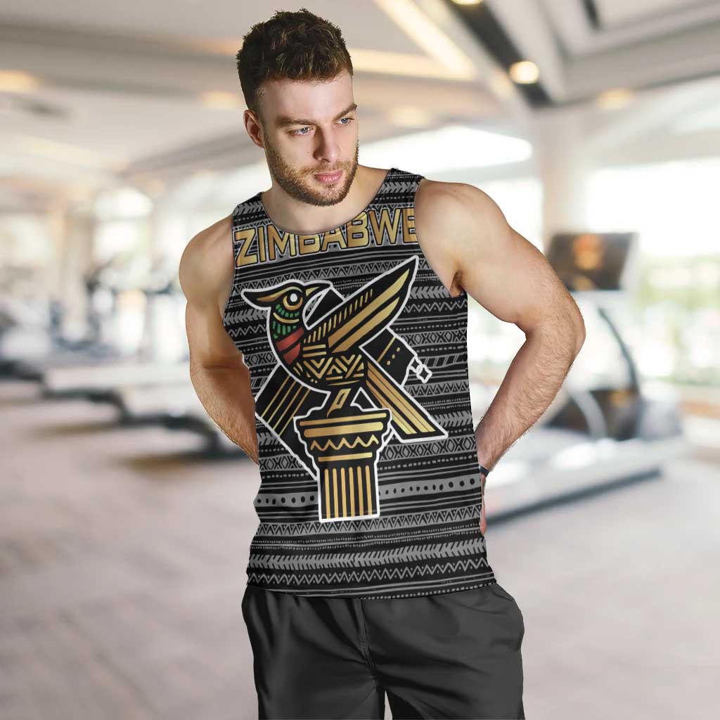 Zimbabwean Bird Statue Men Tank Top Tribal Pattern with National Flag Patch and Heritage Symbol