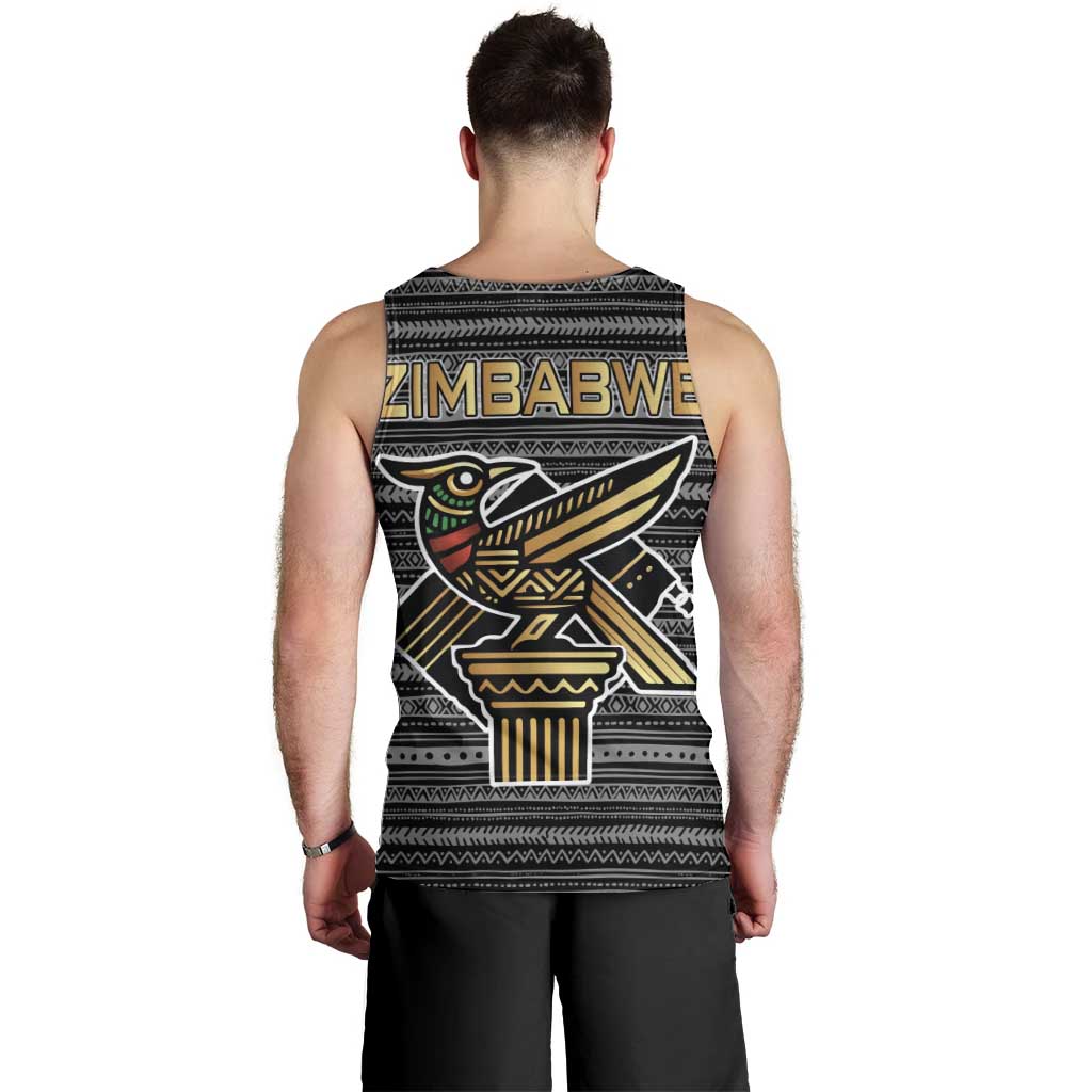 Zimbabwean Bird Statue Men Tank Top Tribal Pattern with National Flag Patch and Heritage Symbol