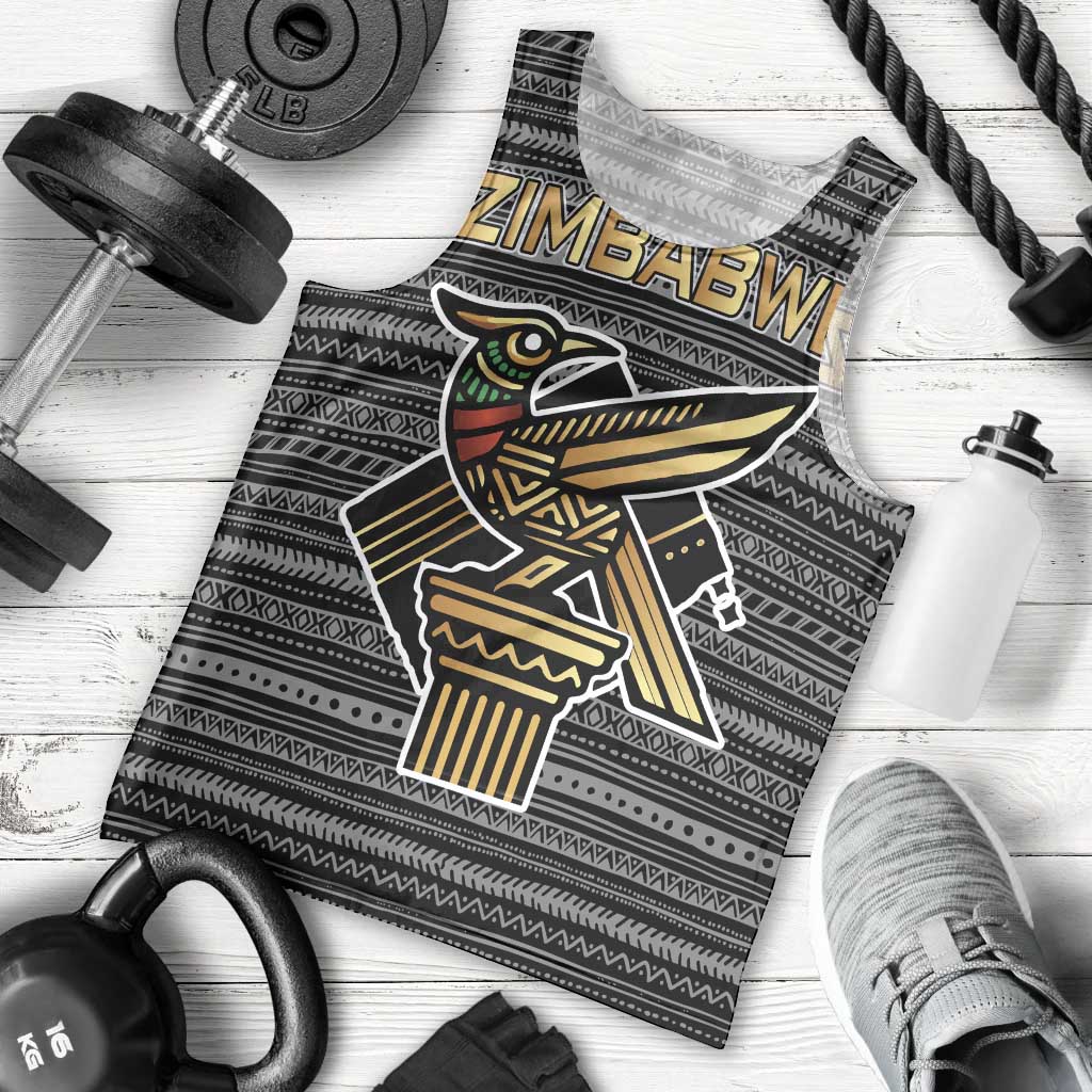Zimbabwean Bird Statue Men Tank Top Tribal Pattern with National Flag Patch and Heritage Symbol