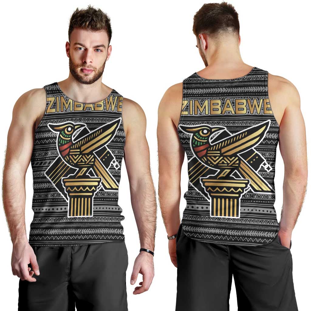 Zimbabwean Bird Statue Men Tank Top Tribal Pattern with National Flag Patch and Heritage Symbol