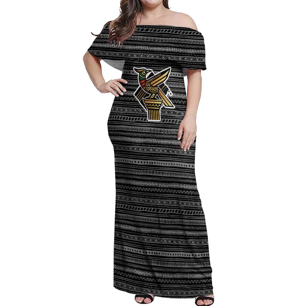 Zimbabwean Bird Statue Off Shoulder Maxi Dress Tribal Pattern with National Flag Patch and Heritage Symbol