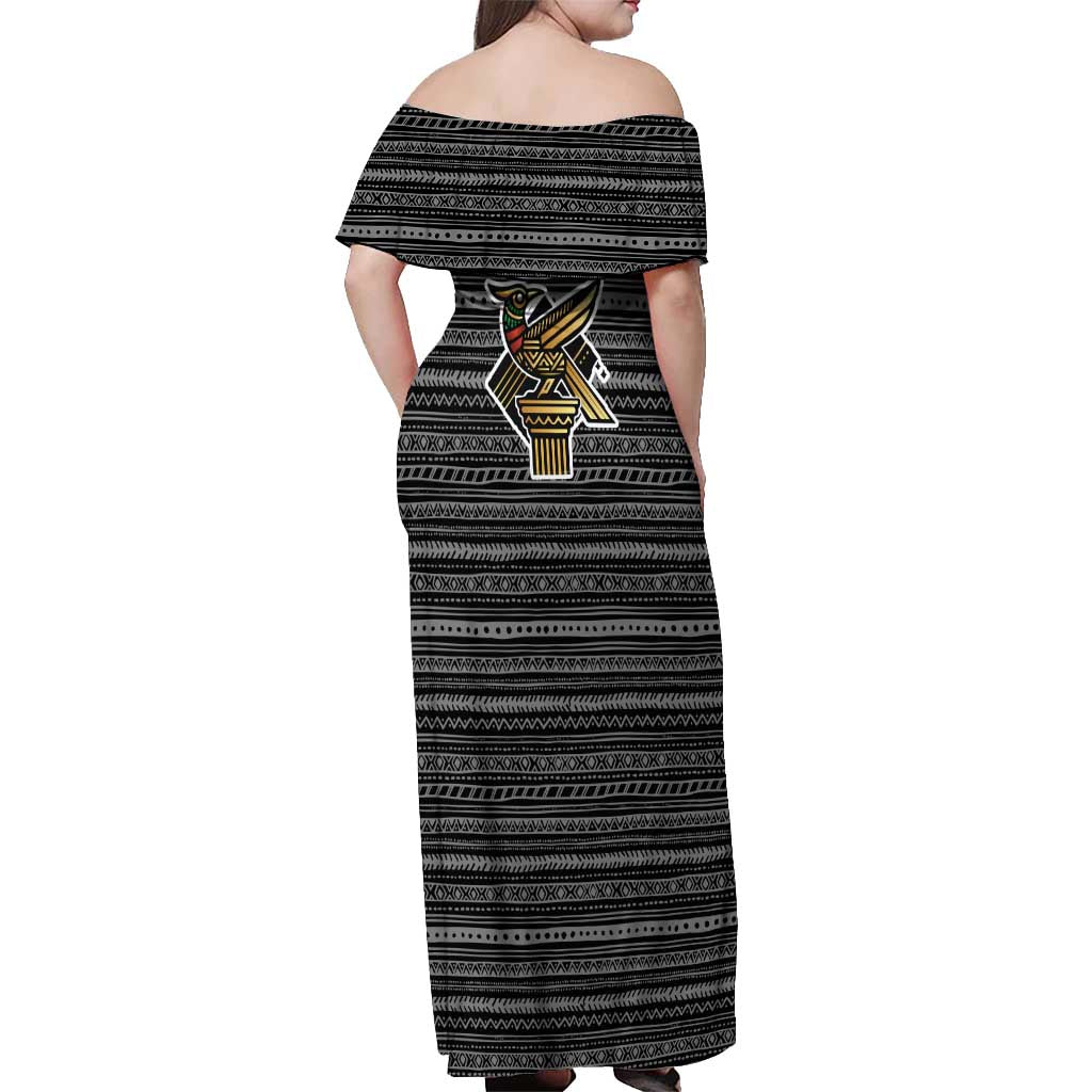 Zimbabwean Bird Statue Off Shoulder Maxi Dress Tribal Pattern with National Flag Patch and Heritage Symbol
