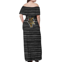 Zimbabwean Bird Statue Off Shoulder Maxi Dress Tribal Pattern with National Flag Patch and Heritage Symbol