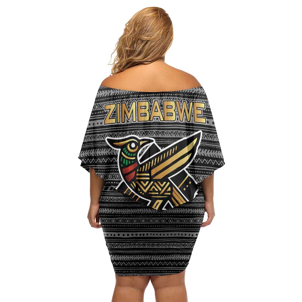 Zimbabwean Bird Statue Off Shoulder Short Dress Tribal Pattern with National Flag Patch and Heritage Symbol