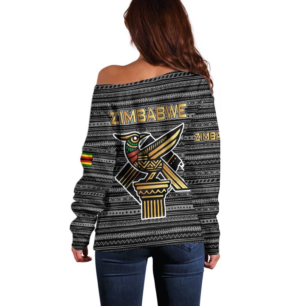 Zimbabwean Bird Statue Off Shoulder Sweater Tribal Pattern with National Flag Patch and Heritage Symbol