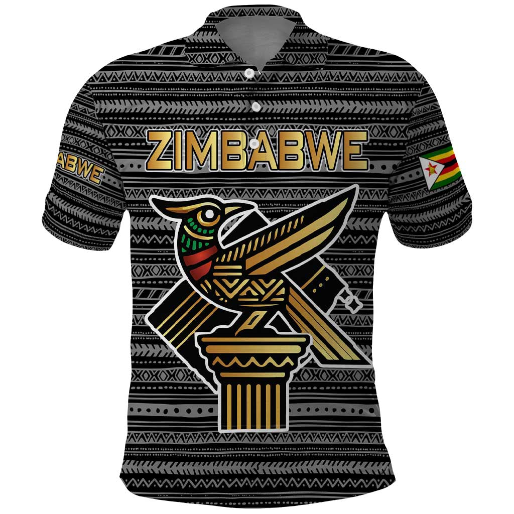 Zimbabwean Bird Statue Polo Shirt Tribal Pattern with National Flag Patch and Heritage Symbol