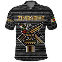 Zimbabwean Bird Statue Polo Shirt Tribal Pattern with National Flag Patch and Heritage Symbol