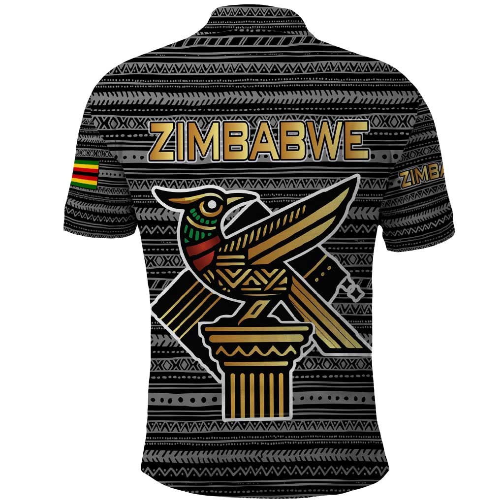 Zimbabwean Bird Statue Polo Shirt Tribal Pattern with National Flag Patch and Heritage Symbol