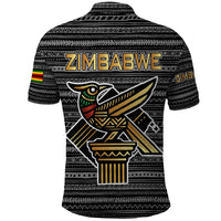 Zimbabwean Bird Statue Polo Shirt Tribal Pattern with National Flag Patch and Heritage Symbol