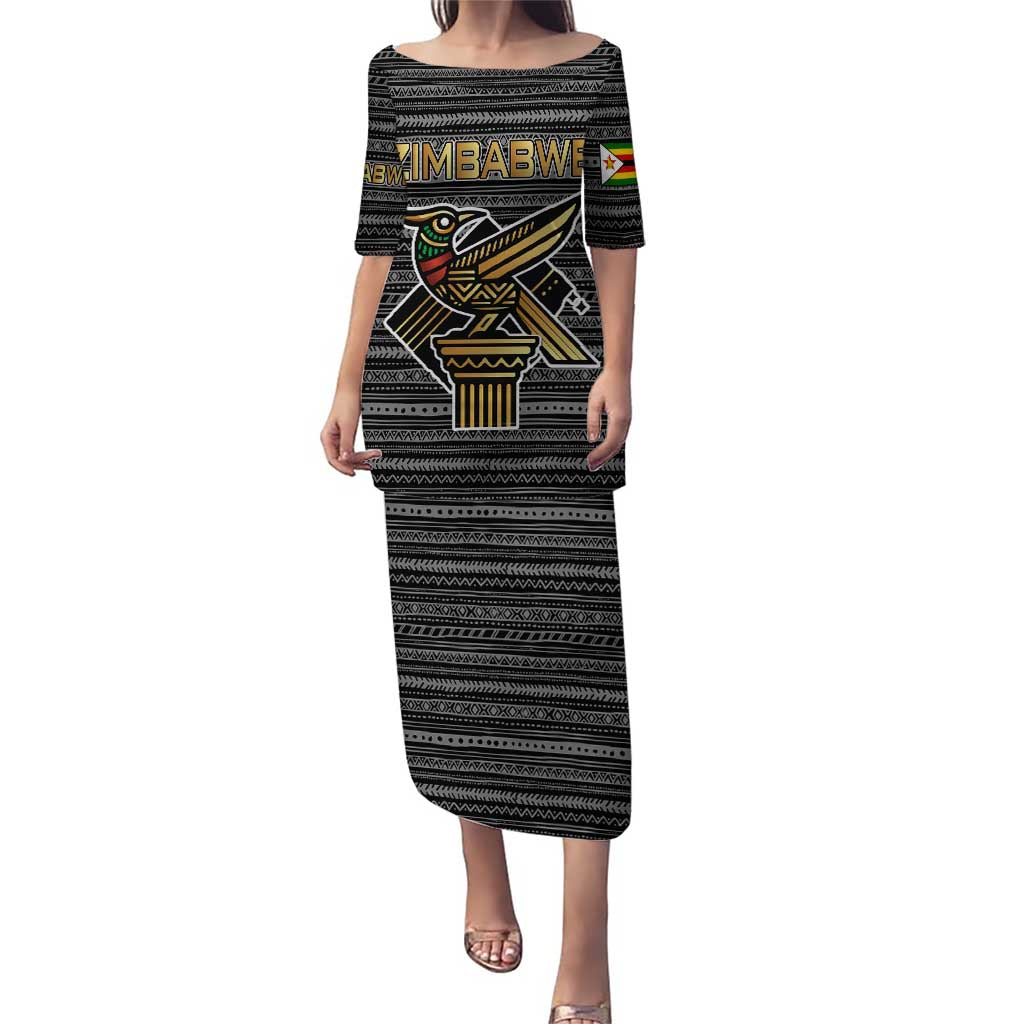 Zimbabwean Bird Statue Puletasi Tribal Pattern with National Flag Patch and Heritage Symbol