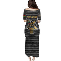 Zimbabwean Bird Statue Puletasi Tribal Pattern with National Flag Patch and Heritage Symbol