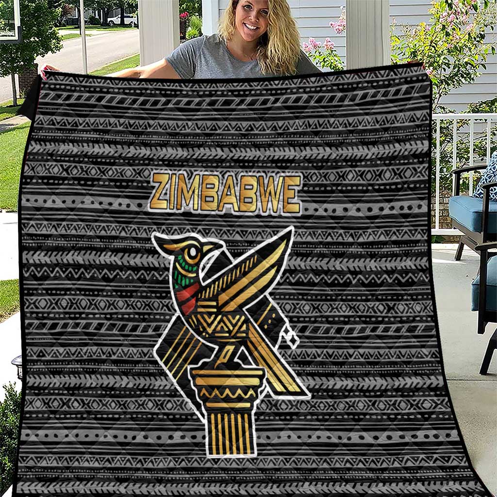Zimbabwean Bird Statue Quilt Tribal Pattern with National Flag Patch and Heritage Symbol