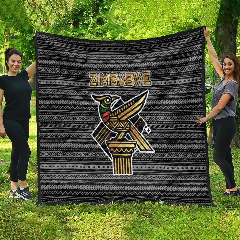 Zimbabwean Bird Statue Quilt Tribal Pattern with National Flag Patch and Heritage Symbol