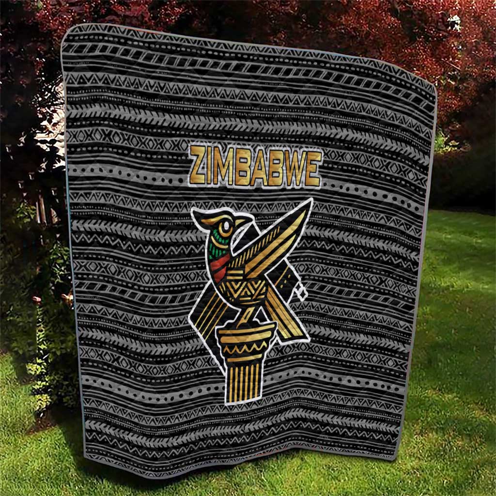 Zimbabwean Bird Statue Quilt Tribal Pattern with National Flag Patch and Heritage Symbol