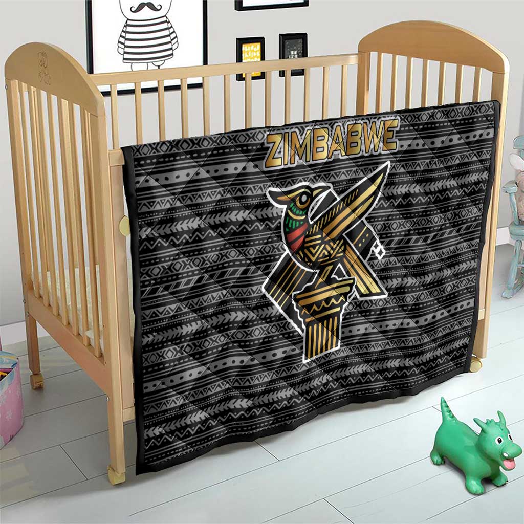 Zimbabwean Bird Statue Quilt Tribal Pattern with National Flag Patch and Heritage Symbol