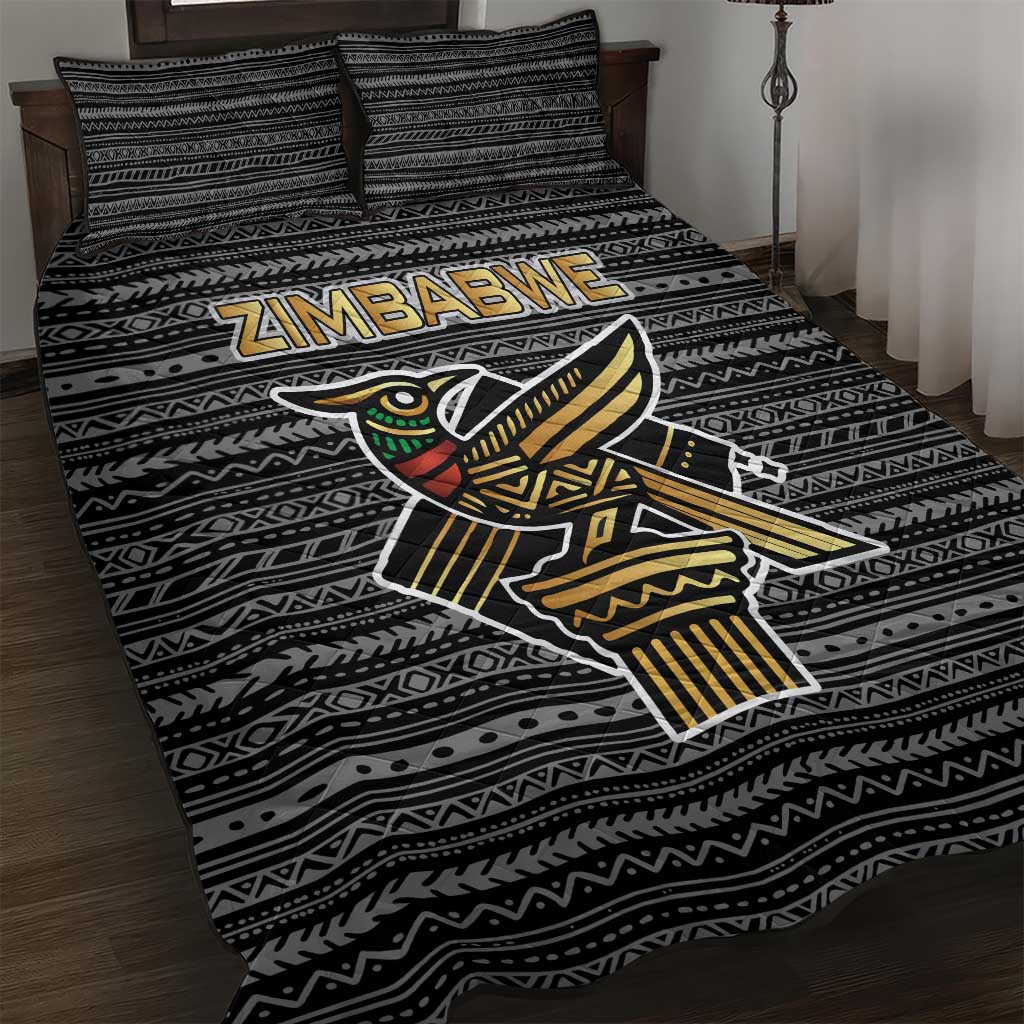 Zimbabwean Bird Statue Quilt Bed Set Tribal Pattern with National Flag Patch and Heritage Symbol
