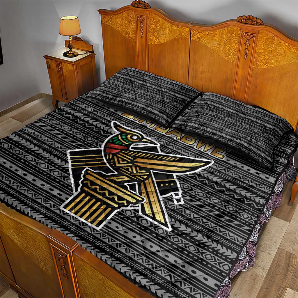 Zimbabwean Bird Statue Quilt Bed Set Tribal Pattern with National Flag Patch and Heritage Symbol