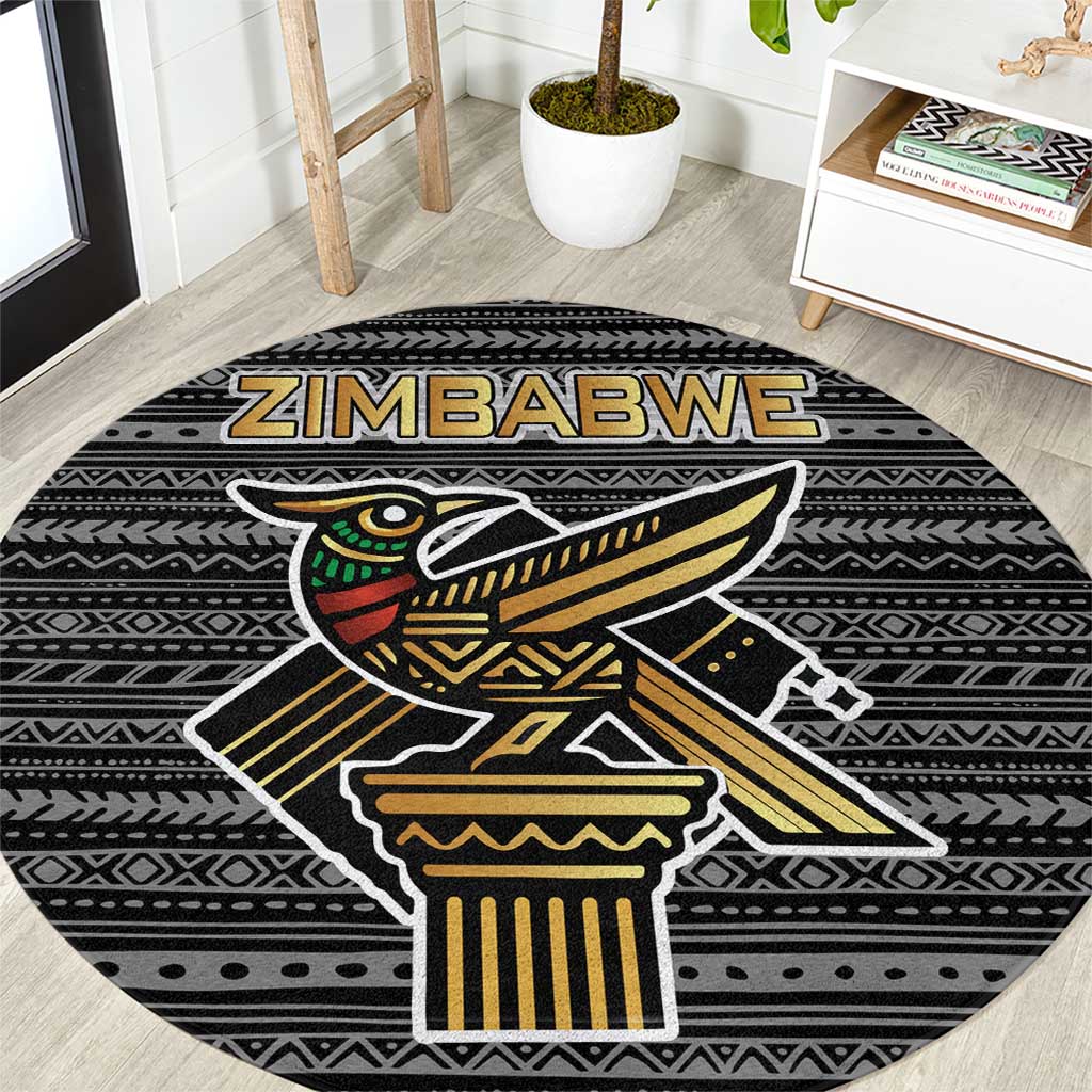 Zimbabwean Bird Statue Round Carpet Tribal Pattern with National Flag Patch and Heritage Symbol