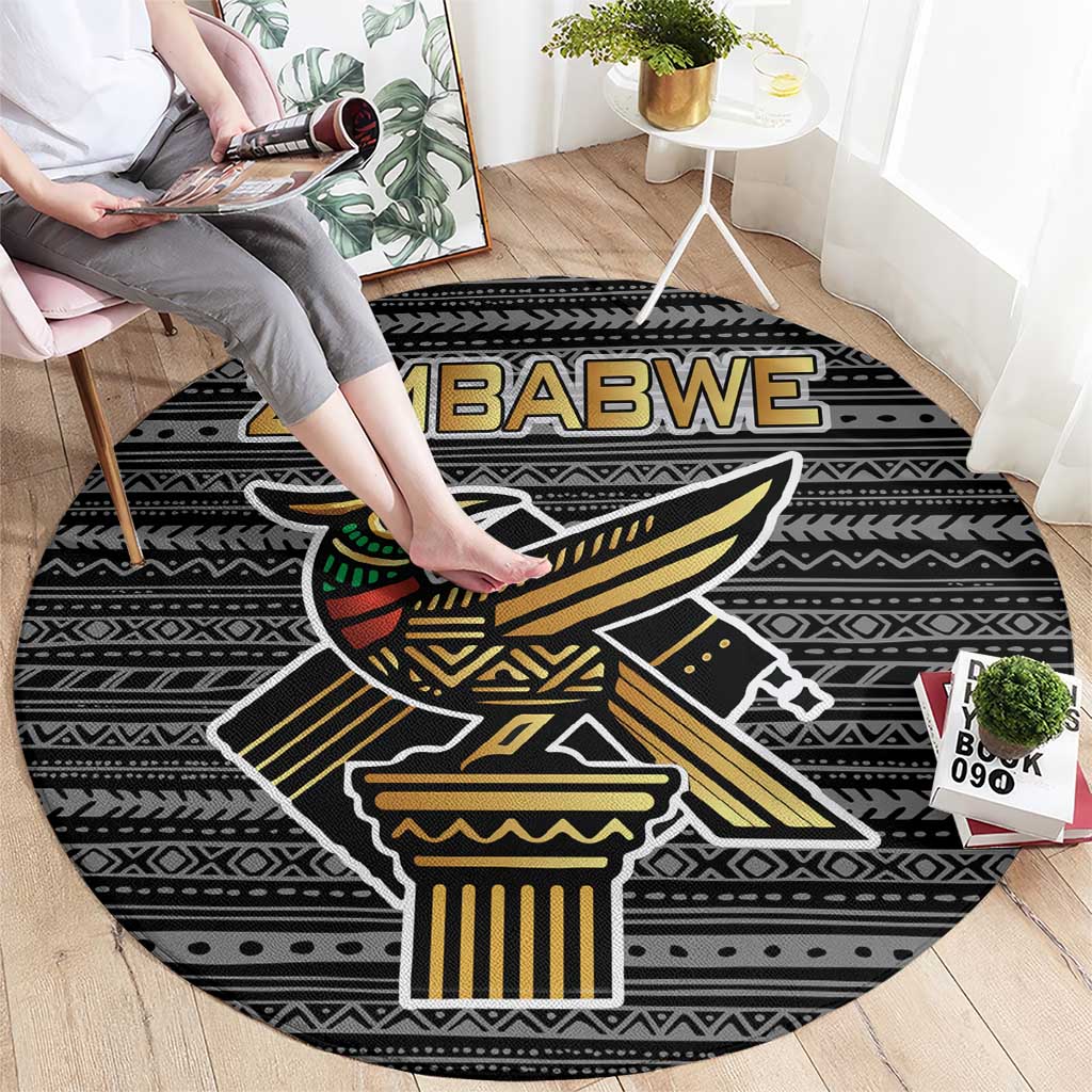 Zimbabwean Bird Statue Round Carpet Tribal Pattern with National Flag Patch and Heritage Symbol