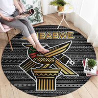 Zimbabwean Bird Statue Round Carpet Tribal Pattern with National Flag Patch and Heritage Symbol