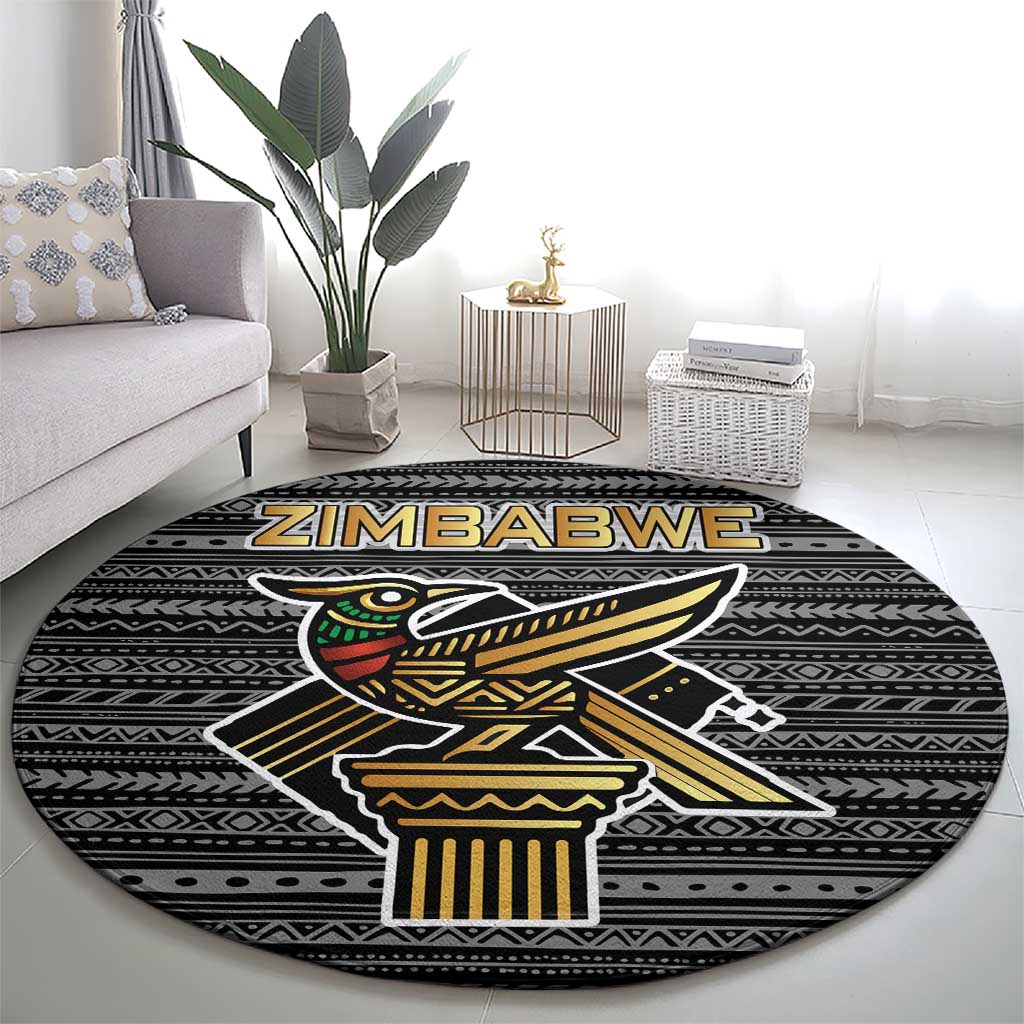 Zimbabwean Bird Statue Round Carpet Tribal Pattern with National Flag Patch and Heritage Symbol