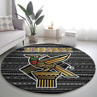 Zimbabwean Bird Statue Round Carpet Tribal Pattern with National Flag Patch and Heritage Symbol
