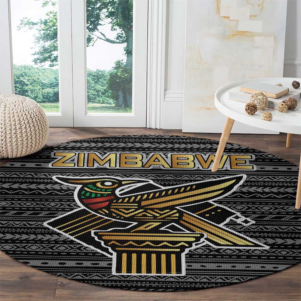 Zimbabwean Bird Statue Round Carpet Tribal Pattern with National Flag Patch and Heritage Symbol