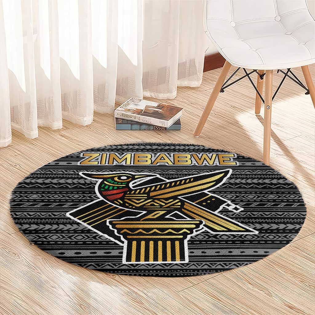 Zimbabwean Bird Statue Round Carpet Tribal Pattern with National Flag Patch and Heritage Symbol