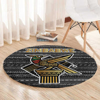 Zimbabwean Bird Statue Round Carpet Tribal Pattern with National Flag Patch and Heritage Symbol