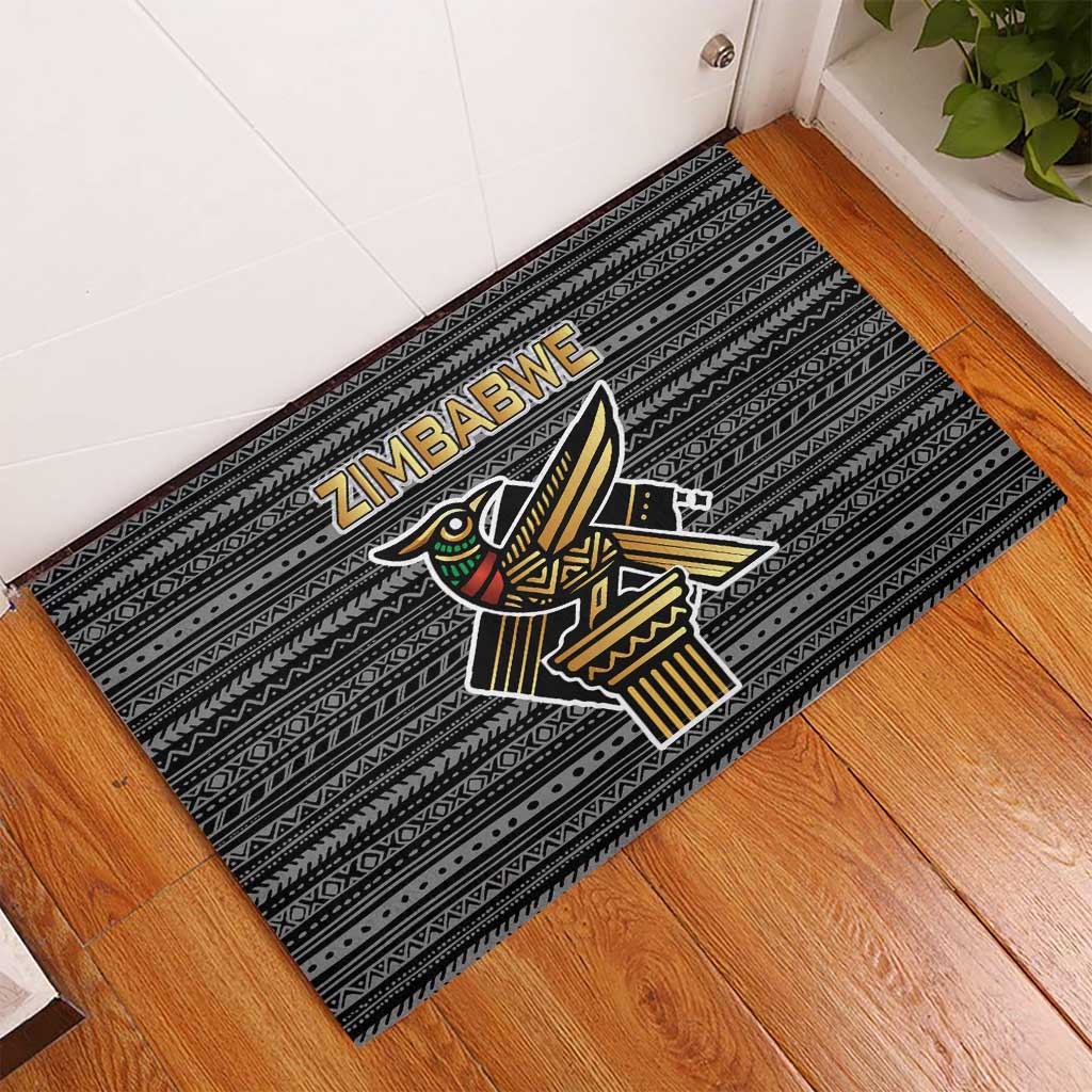Zimbabwean Bird Statue Rubber Doormat Tribal Pattern with National Flag Patch and Heritage Symbol