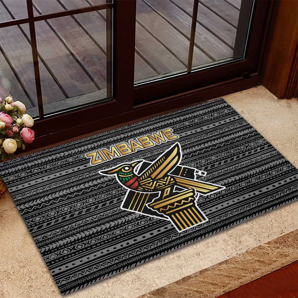 Zimbabwean Bird Statue Rubber Doormat Tribal Pattern with National Flag Patch and Heritage Symbol