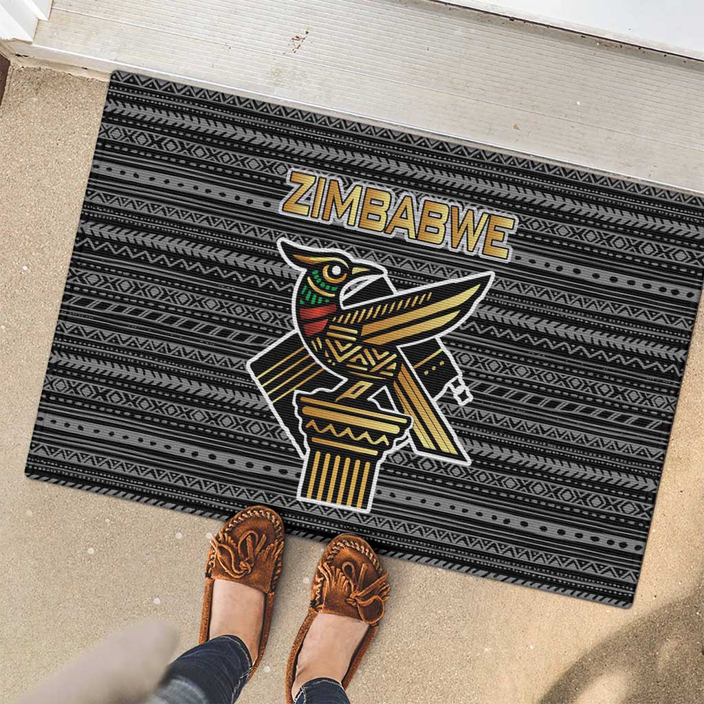 Zimbabwean Bird Statue Rubber Doormat Tribal Pattern with National Flag Patch and Heritage Symbol