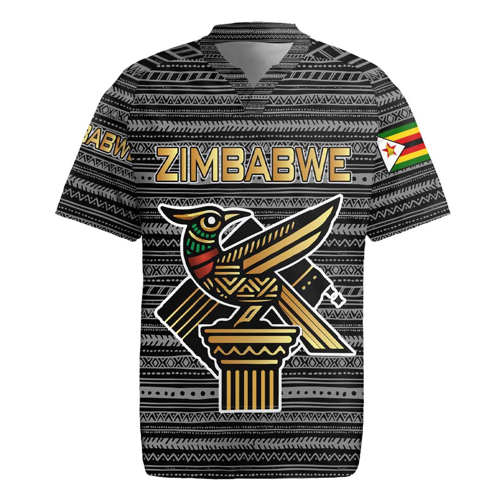Zimbabwean Bird Statue Rugby Jersey Tribal Pattern with National Flag Patch and Heritage Symbol