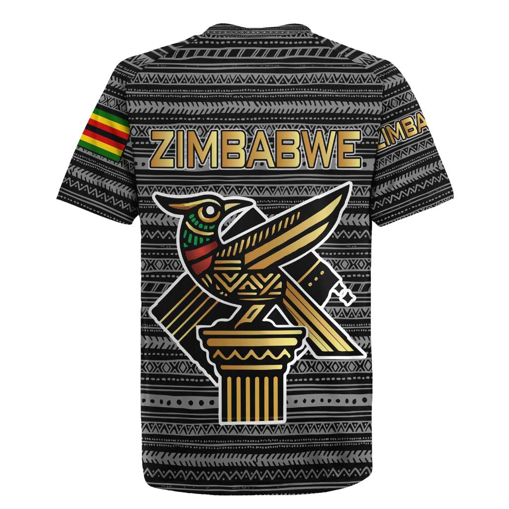 Zimbabwean Bird Statue Rugby Jersey Tribal Pattern with National Flag Patch and Heritage Symbol