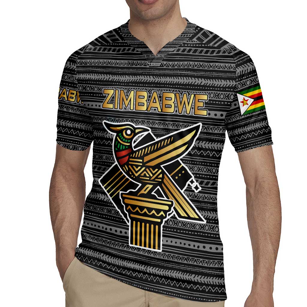 Zimbabwean Bird Statue Rugby Jersey Tribal Pattern with National Flag Patch and Heritage Symbol