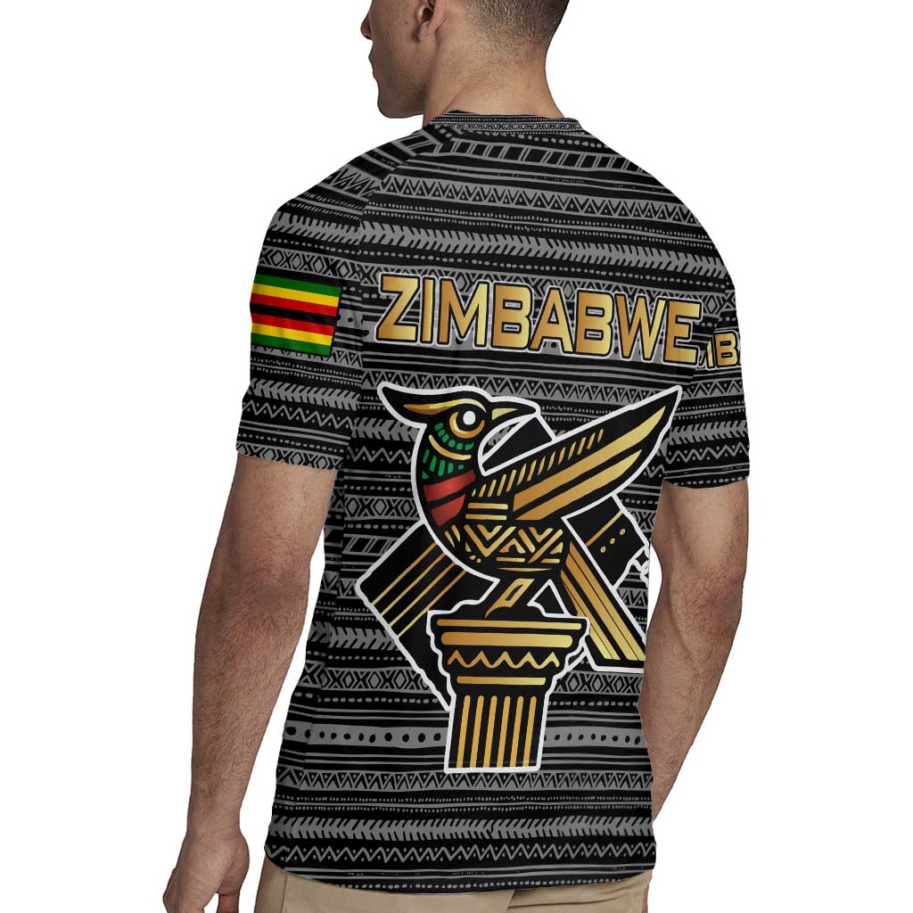 Zimbabwean Bird Statue Rugby Jersey Tribal Pattern with National Flag Patch and Heritage Symbol