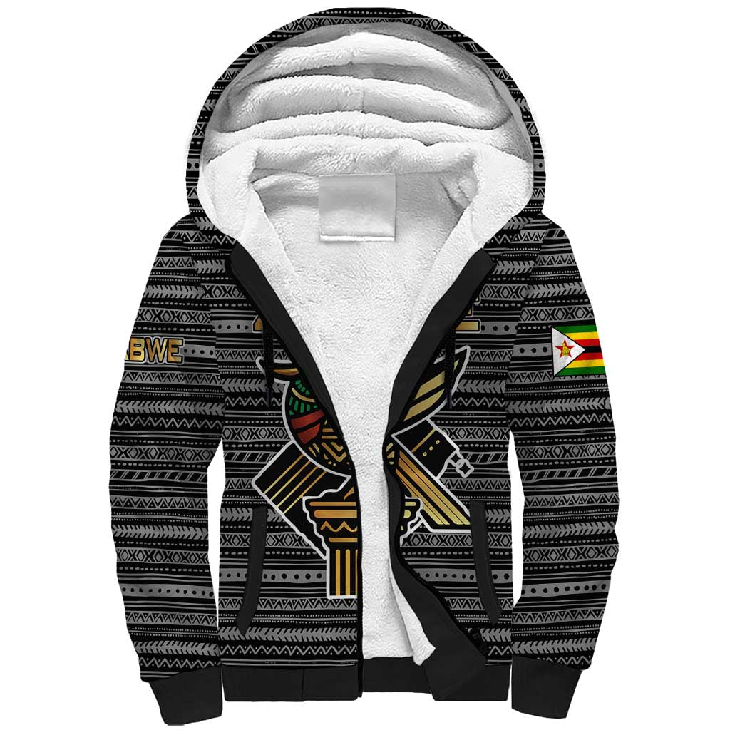 Zimbabwean Bird Statue Sherpa Hoodie Tribal Pattern with National Flag Patch and Heritage Symbol