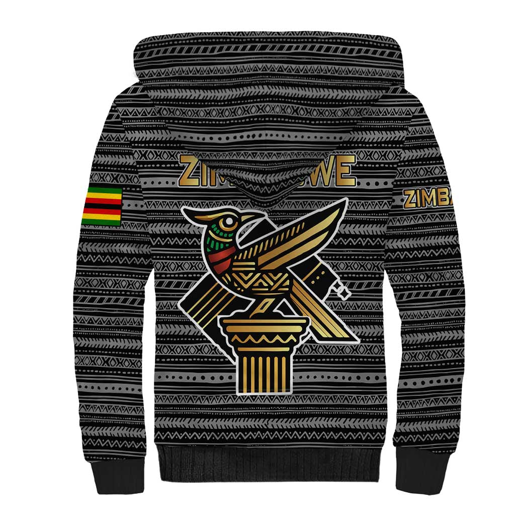 Zimbabwean Bird Statue Sherpa Hoodie Tribal Pattern with National Flag Patch and Heritage Symbol