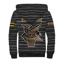 Zimbabwean Bird Statue Sherpa Hoodie Tribal Pattern with National Flag Patch and Heritage Symbol