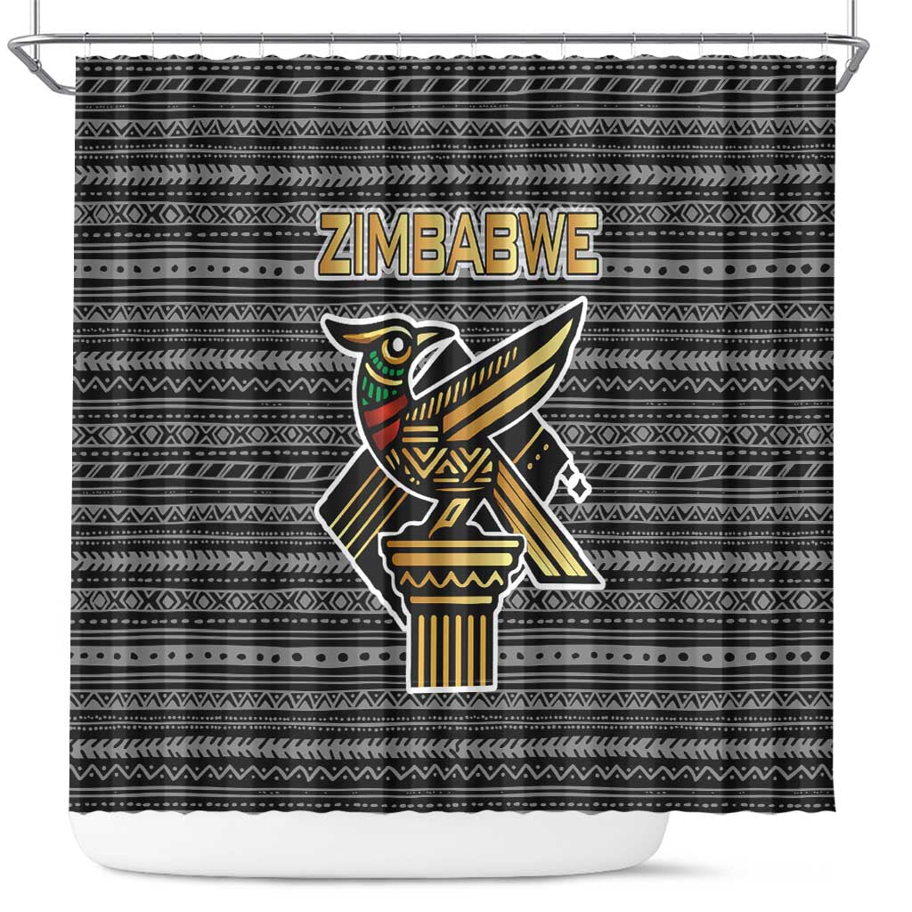 Zimbabwean Bird Statue Shower Curtain Tribal Pattern with National Flag Patch and Heritage Symbol