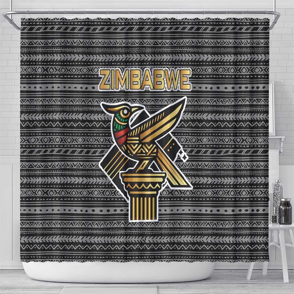 Zimbabwean Bird Statue Shower Curtain Tribal Pattern with National Flag Patch and Heritage Symbol