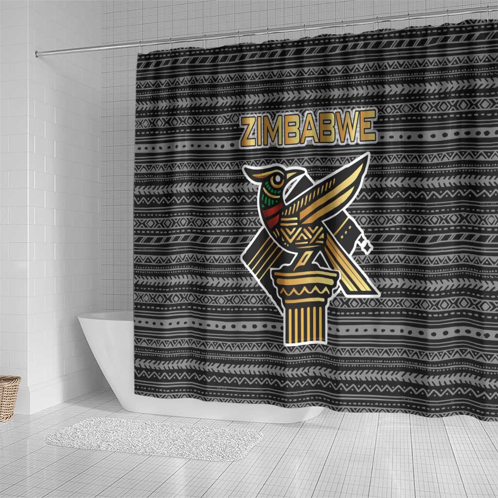 Zimbabwean Bird Statue Shower Curtain Tribal Pattern with National Flag Patch and Heritage Symbol