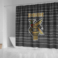 Zimbabwean Bird Statue Shower Curtain Tribal Pattern with National Flag Patch and Heritage Symbol