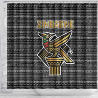 Zimbabwean Bird Statue Shower Curtain Tribal Pattern with National Flag Patch and Heritage Symbol